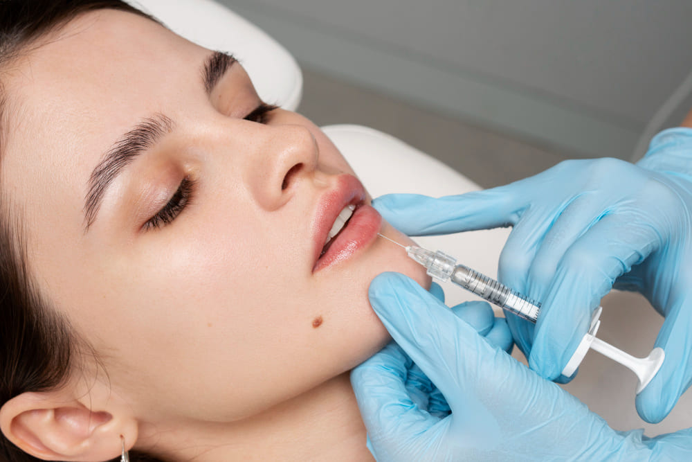 Close-up of a woman receiving a cosmetic injection in the chin area by a gloved professional